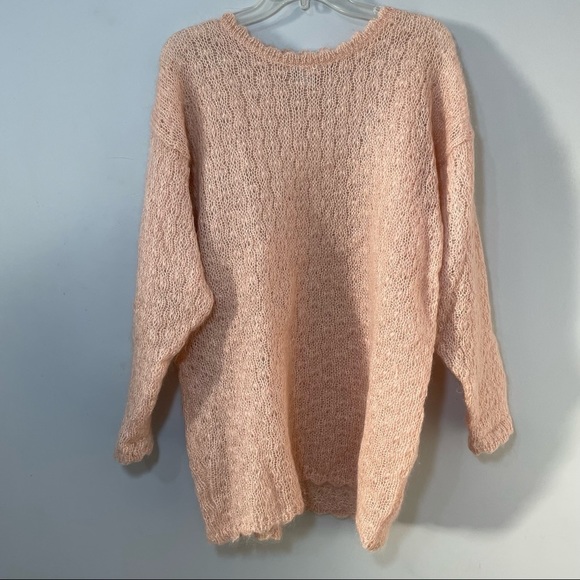 Vintage 90s fuzzy mohair acrylic light pastel pink long line tunic knit sweater - Picture 3 of 9